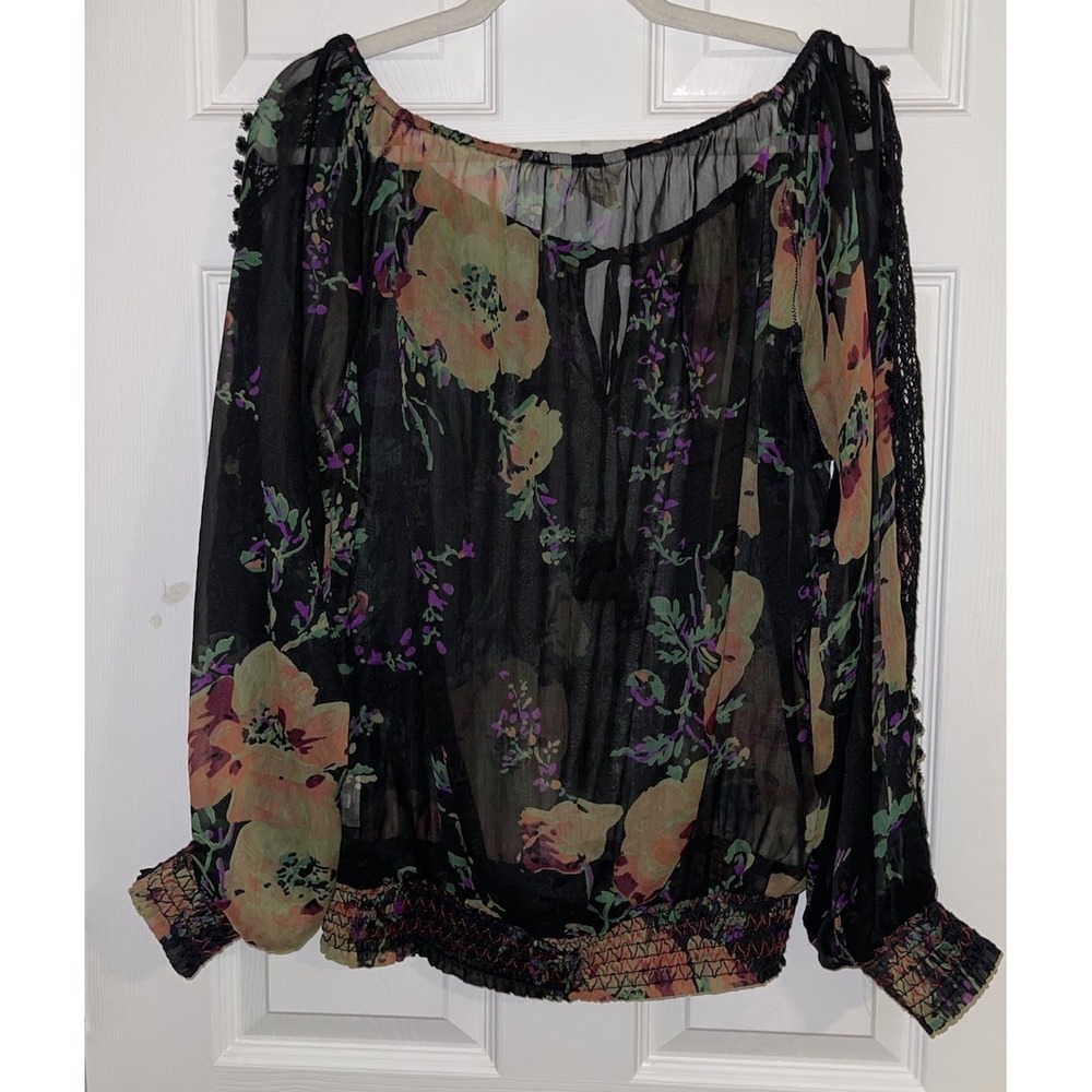 Ralph Lauren Denim Supply Womens M Black Floral LS Peasant Shirt Smocking Sheer